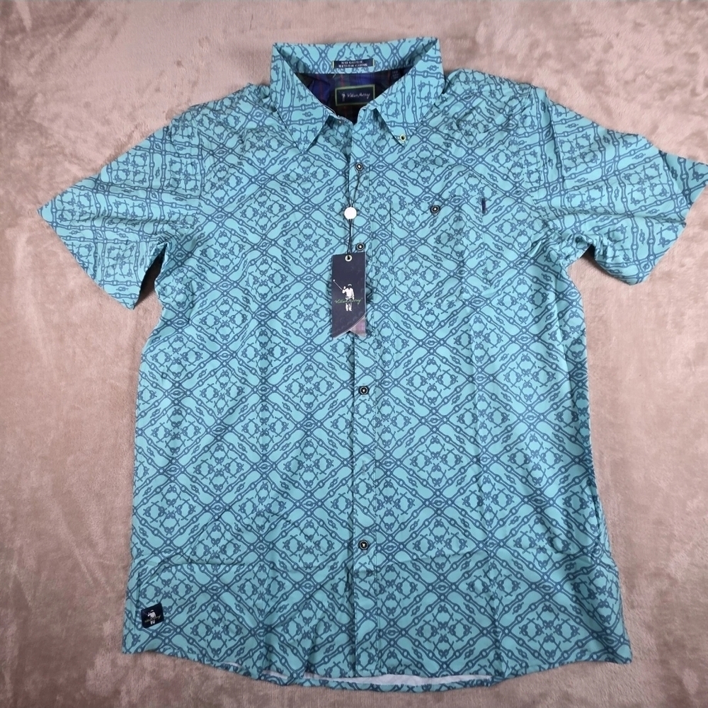 William Murray Golf NWT Mens Large Rope Print Button Up Shirt Teal Blue Knot